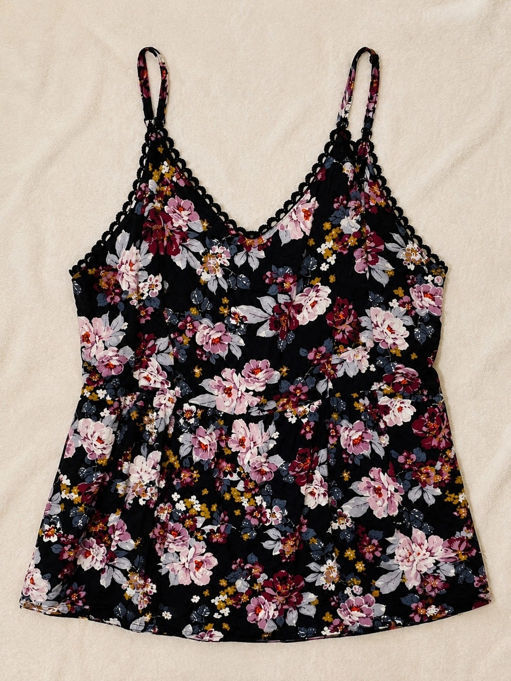 Floral Lace-Trim Cami Tank Top - Black/Pink